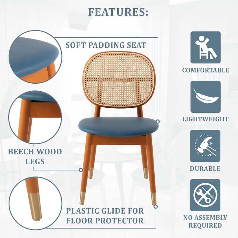 Holbeck Modern Rattan Leather Upholstered Dining Chair with Plush Padding Beech Wood Legs for Stylish Homes Set of 2