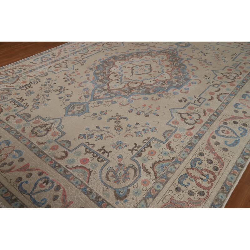 Geometric Beige Tabriz Persian Area Rug Hand-Knotted Wool Carpet - 9'8"x 13'4"