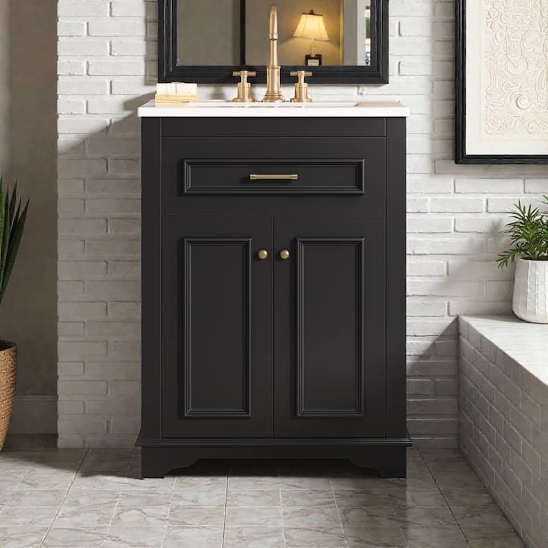 24 Inch Bathroom Vanity with Integrated Ceramic Sink, Freestanding Cabinet with Tip-Out Drawer, Small Space Vanity