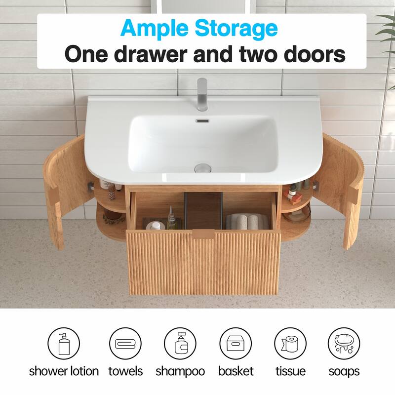 GDF Studio - Verona Floating Bathroom Vanity with Curved Edge Storage & Ceramic Basin without Faucet