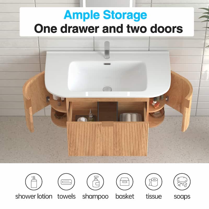 Wall-Mounted Floating Bathroom Vanity with Side Drawers,Ceramic Basin without Faucet