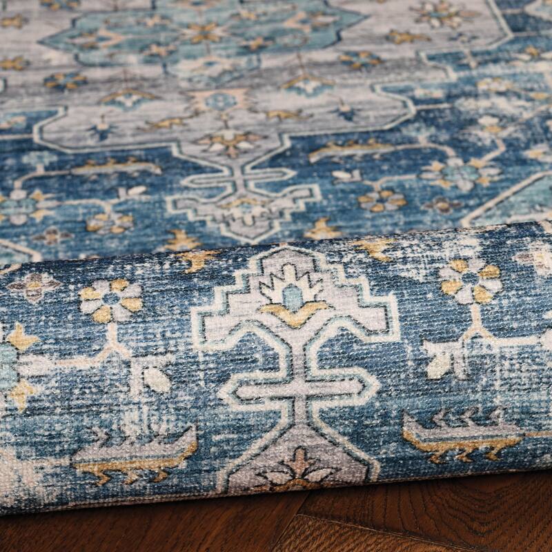 Sariah Machine Washlable Teal and Ivory Area Rug