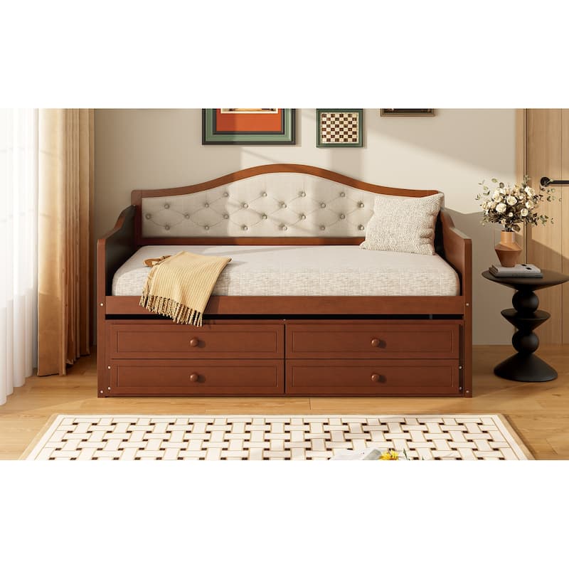 Twin Daybed with Trundle and Storage Drawers, Upholstered Button Tufted Sofa Bed for Living Room, Bedroom, Guest Room, Walnut