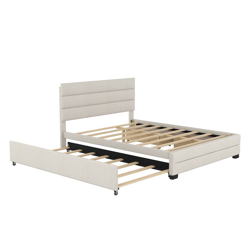 Queen Size Platform Bed with Two Drawers Storage Bed and Upholstered Headboard, Pull-out Trundle Bed for Bedroom