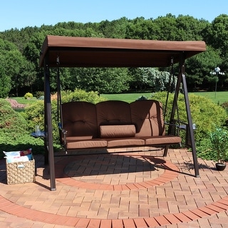 3-Person Steel Frame Outdoor Canopy Swing with Side Tables - Brown