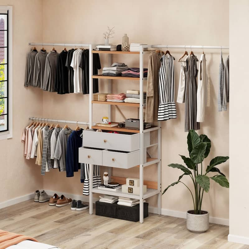 Moasis 70.8"-105"L Closet Storage Organizer with Shelves and 3 Expandable Hanger Rods