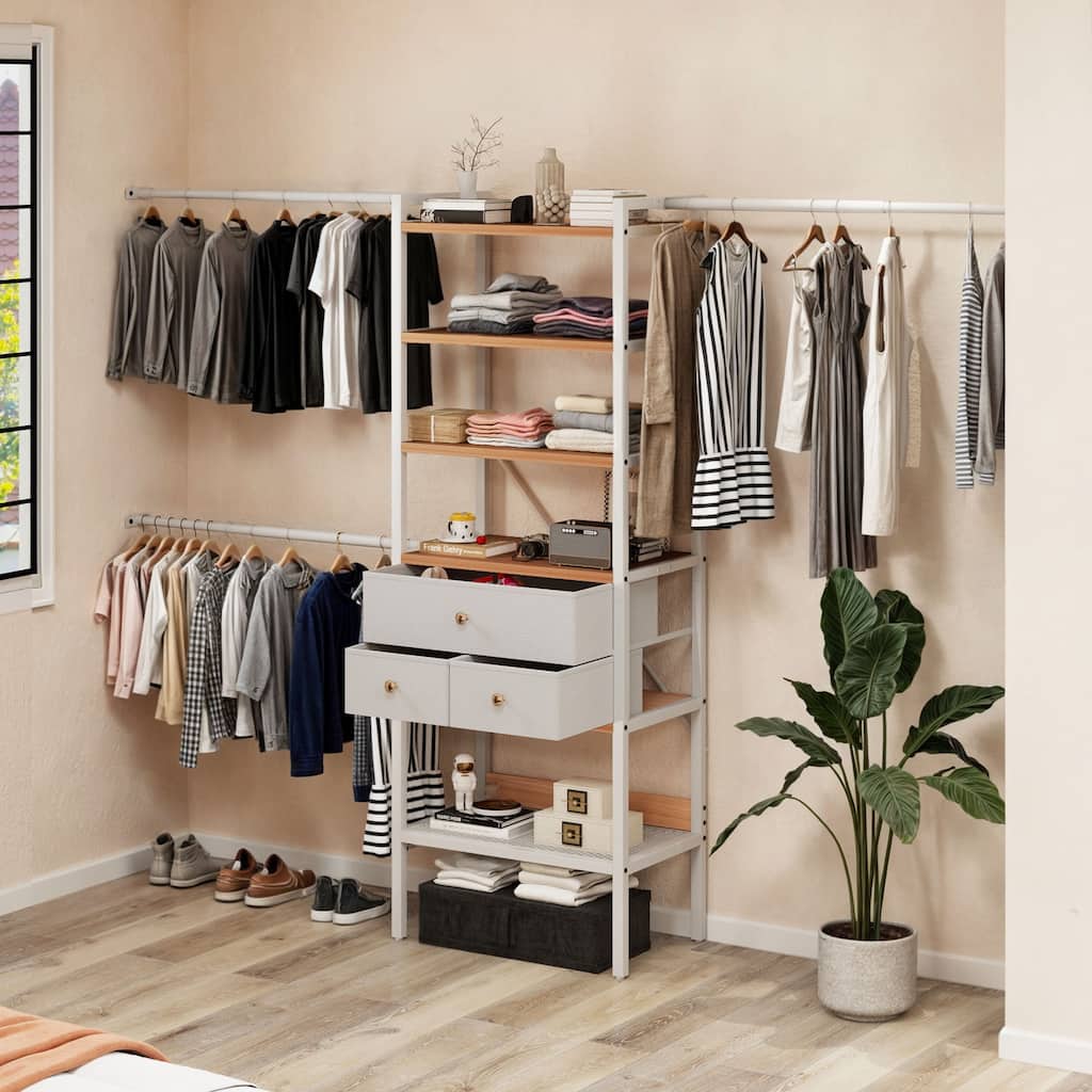 Moasis 70.8"-105"L Closet Storage Organizer with Shelves and 3 Expandable Hanger Rods