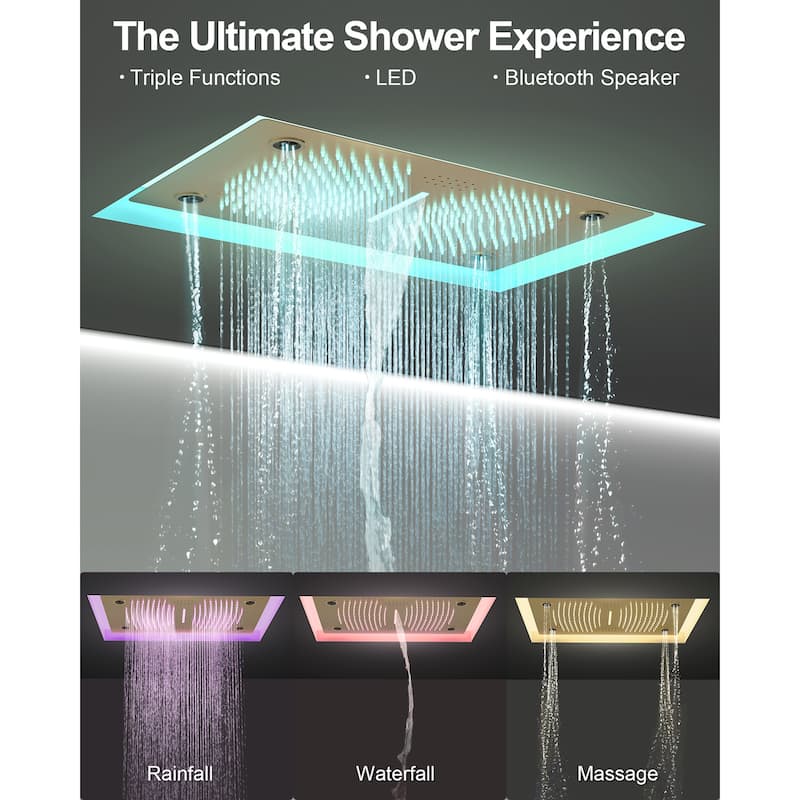 GRANDJOY LUXURY Shower Faucet Set 28"*16" Ceiling Mount Shower Head Body Jets Handheld Spray with Slide Bar LED Music