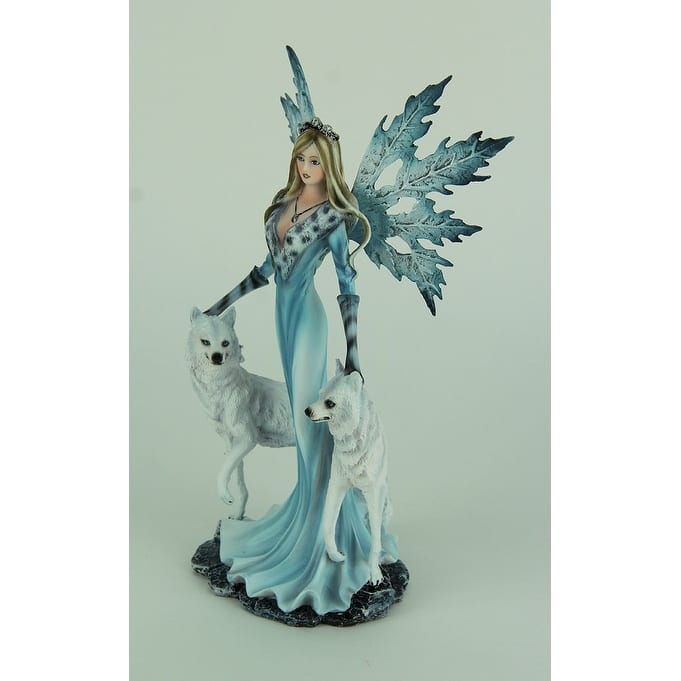 Blue Ice Fairy Standing With Winter White Wolves Statue - 9.75 X 6 X 3 inches