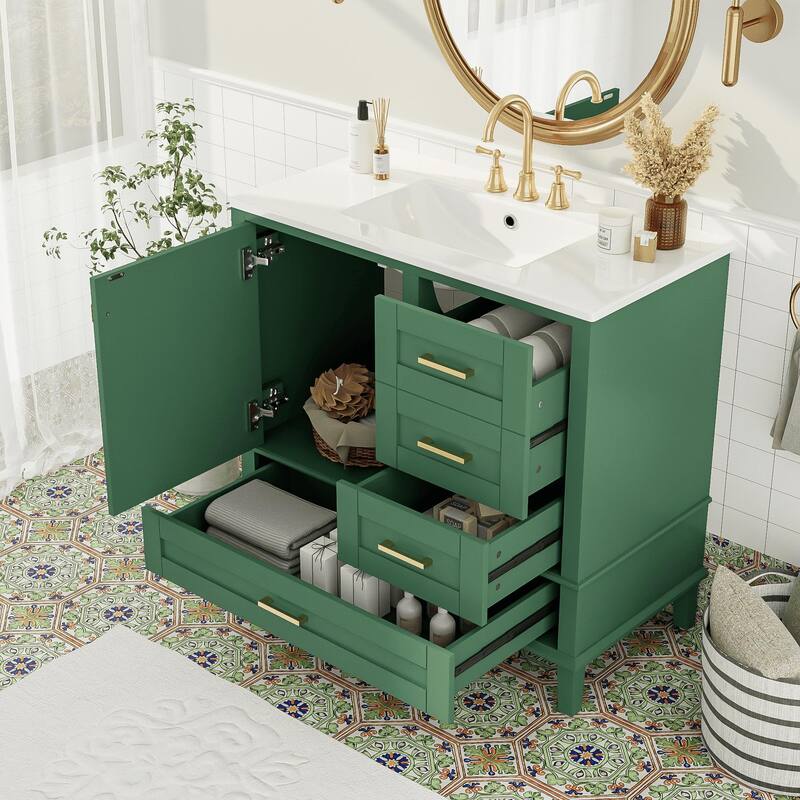 Elegant 36-Inch Bathroom Vanity with Undermount Ceramic Sink, Soft Close Storage Drawers, Silver Handles - Contemporary Look - Green
