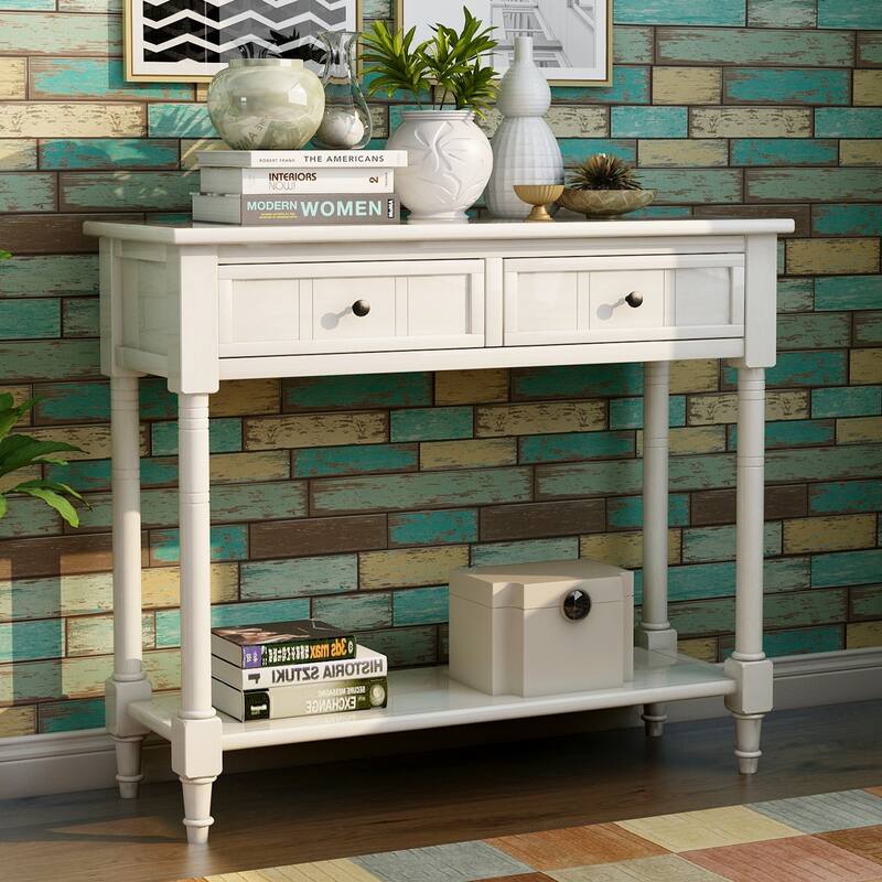 Traditional Console Table with 2-Drawers and Bottom Shelf - Ivory