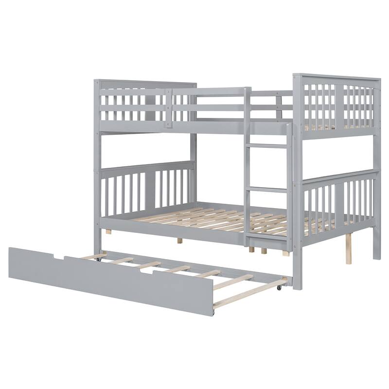 Full over Full Bunk Bed with Twin Size Trundle, Ladder and Guardrails