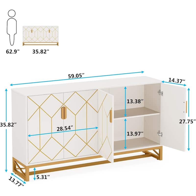 Modern White Storage Cabinet with Gold Accents and Adjustable Shelves for Living Room or Kitchen - 59.05" x 13.77" x 35.82"