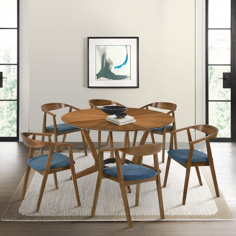 Santana 7 Piece Round Wood Dining Set - Blue/Walnut