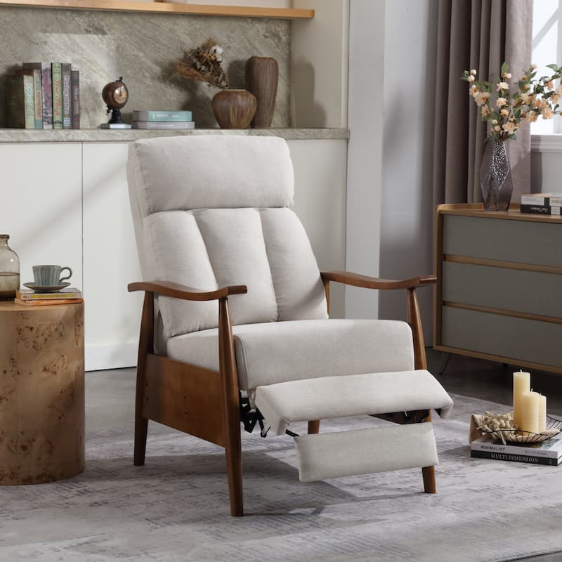 HOMEFUN Linen/Leather/Microsuede Upholstered Wood Frame Adjustable Recliner Lounge Armchair - Beige+Linen