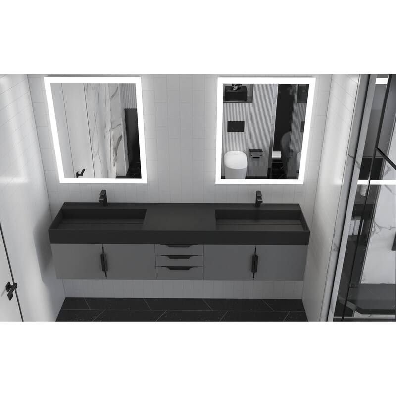 Amazon 84" Wall Mounted Double Bathroom Vanity Set w/ Black Top
