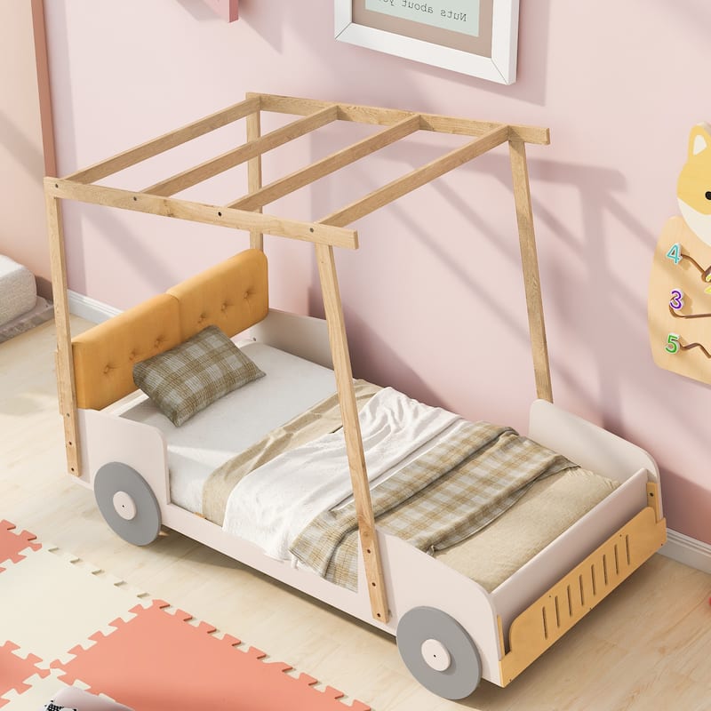 Wood Twin/Full Size Car Bed with Pillow, Ceiling Cloth