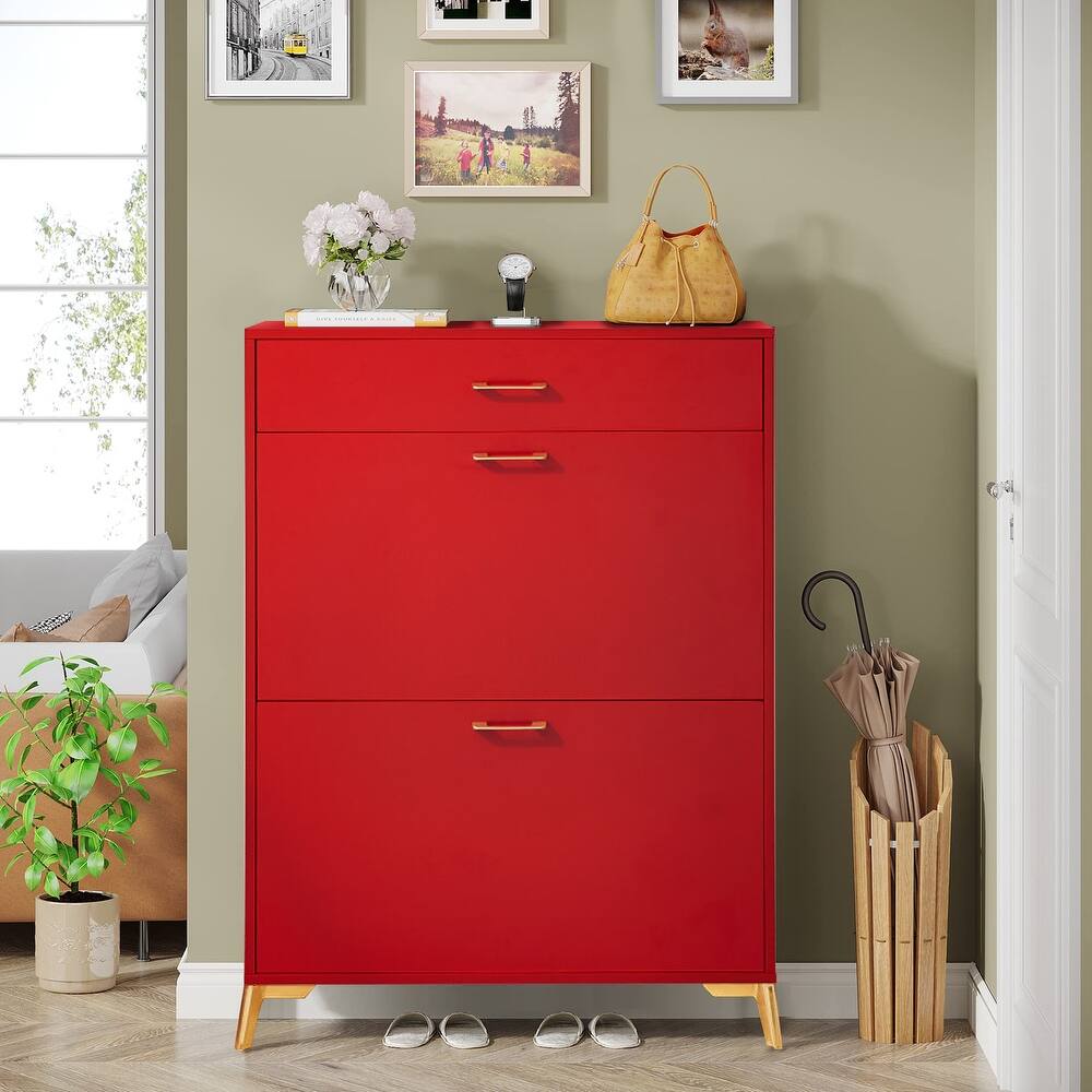 Freestanding Shoe Cabinet for Entryway, with 2 Flip Doors and Drawer - 32'W x 10''D x 43''H