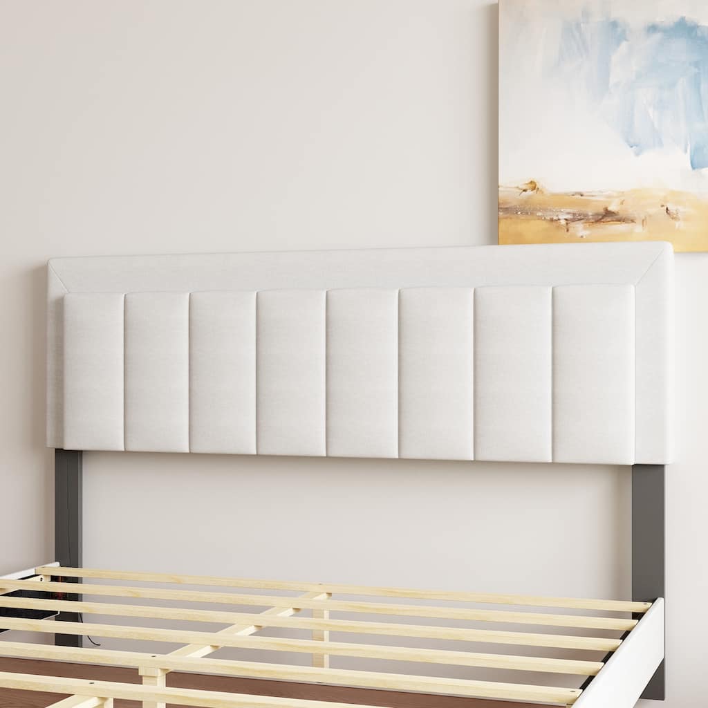 Light Gray Queen Upholstered Bedroom Bed, Durable Fabric & Easy-Clean, TB117 Tested, White LED