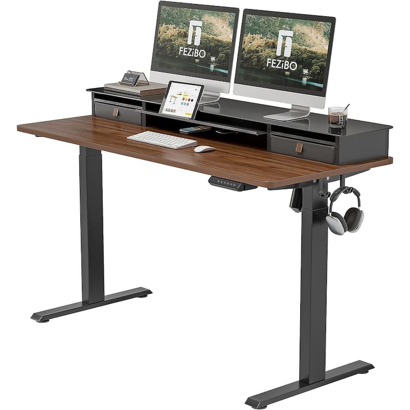 FEZIBO/Home Office Furniture/Wood/Standing Desk With Glass Top/Desks - 55" x 24" - Black Walnut