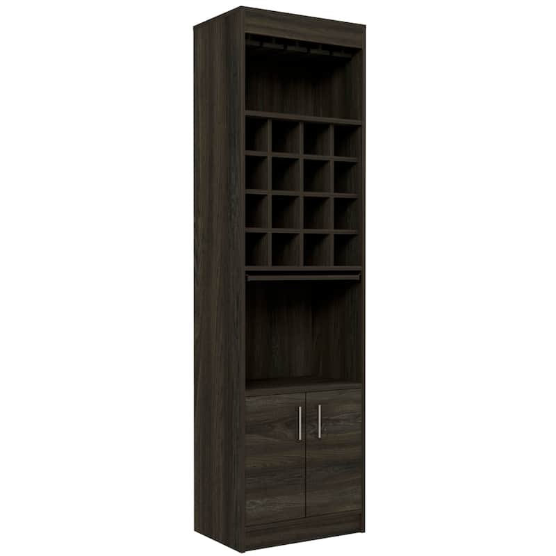 TUHOME Kava Bar Cabinet with 16 Wine Cubbies, 12 Glass Racks, 1 Shelf, Concealable Serving Tray, and Double Door - N/A