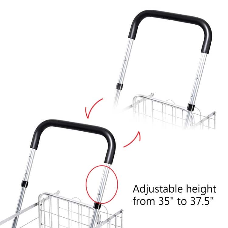 Lightweight Folding Shopping Cart with Double Basket and Adjustable Handle on Wheels - 17" x 19" x 35"/37.5" (L x W x H)
