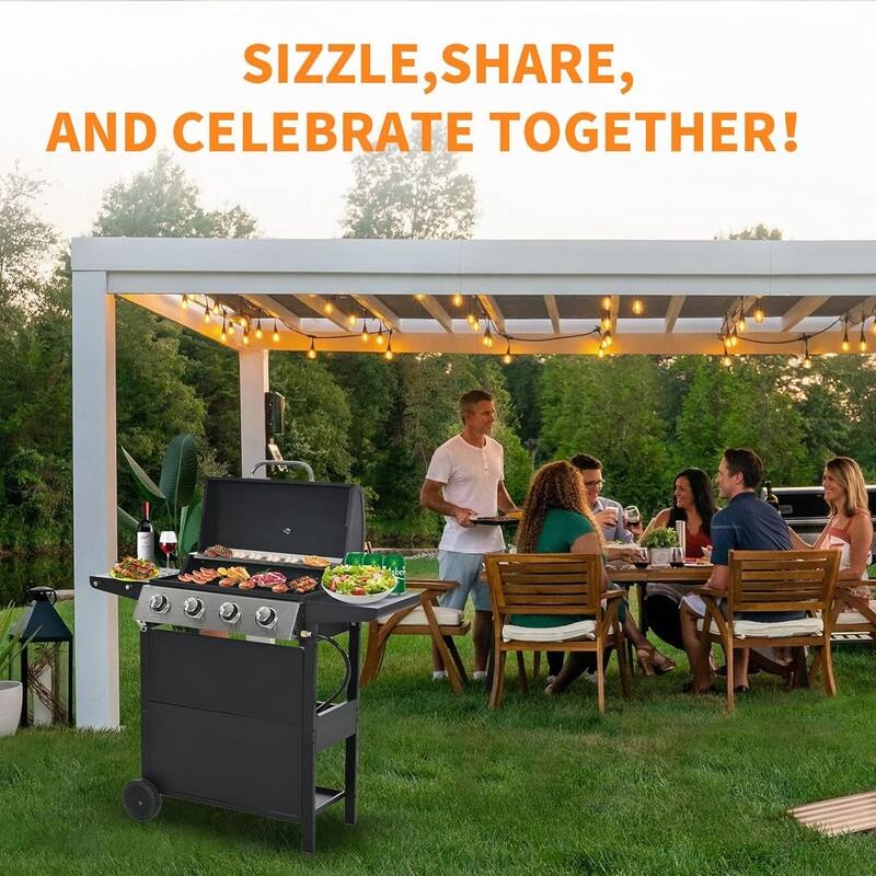 4-Burner Stainless Steel Propane Grill – 34K BTU, 2 Shelves, Wheels, Lid & Bottle Opener – Outdoor/Camping