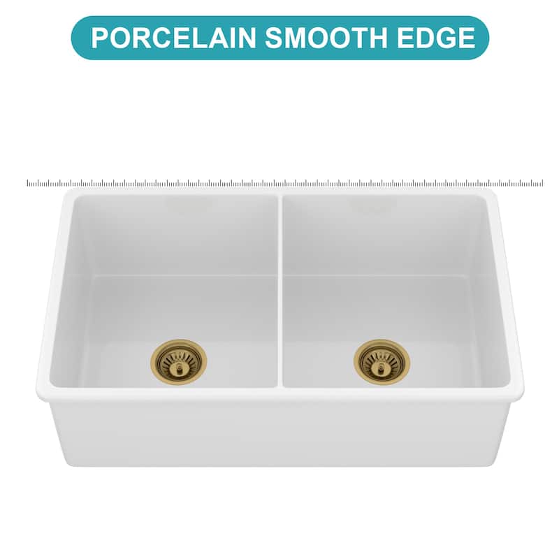 32 Inch Undermount Double Bowl Ceramic Kitchen Sink in White - 32'' x 19'' x 10''