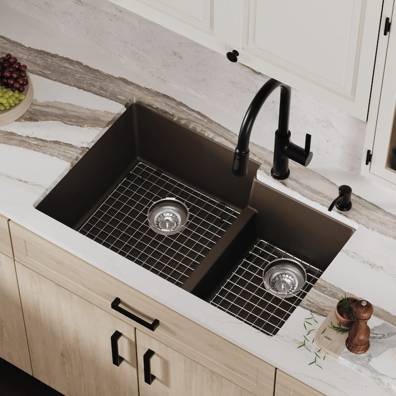 Karran 32" Undermount Large/Small Bowl Quartz Kitchen Sink Kit - 32" x 21.25" x 9"