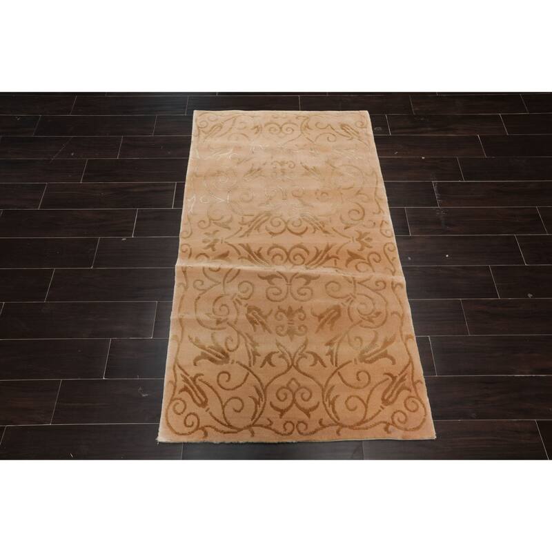 Wool & Silk Tan Tibetan Transitional Floral 3'x5'1'' Hand Knotted Rug - 3' x 5' 1''