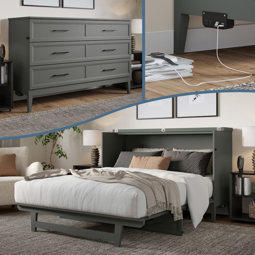 Santa Fe Queen Murphy Bed Chest with 6" Mattress & Built-In Charger in Grey