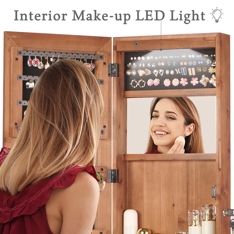 Wall-Mounted Solid Wood Jewelry Cabinet with Full-Length Mirror, 47.5x14.3 Inch, Lockable Organizer with LED Lighting‌.