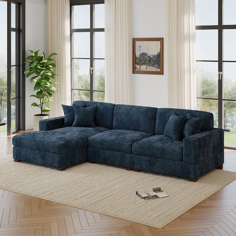 Oversized Modern Chenille Modular Sectional Sofa with Chaise - Left Facing - Blue-3 Piece
