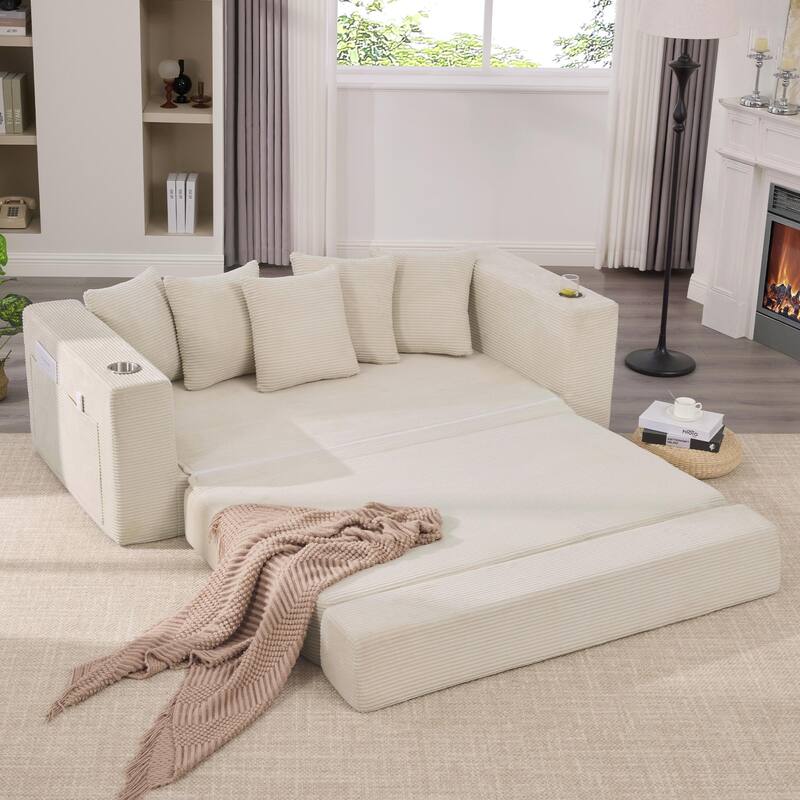 2-in-1 Convertible Sleeper Sofa, Floor Folding Couch, Sofa Bed with Side Pocket, Pull Out Loveseat with Cup Holders