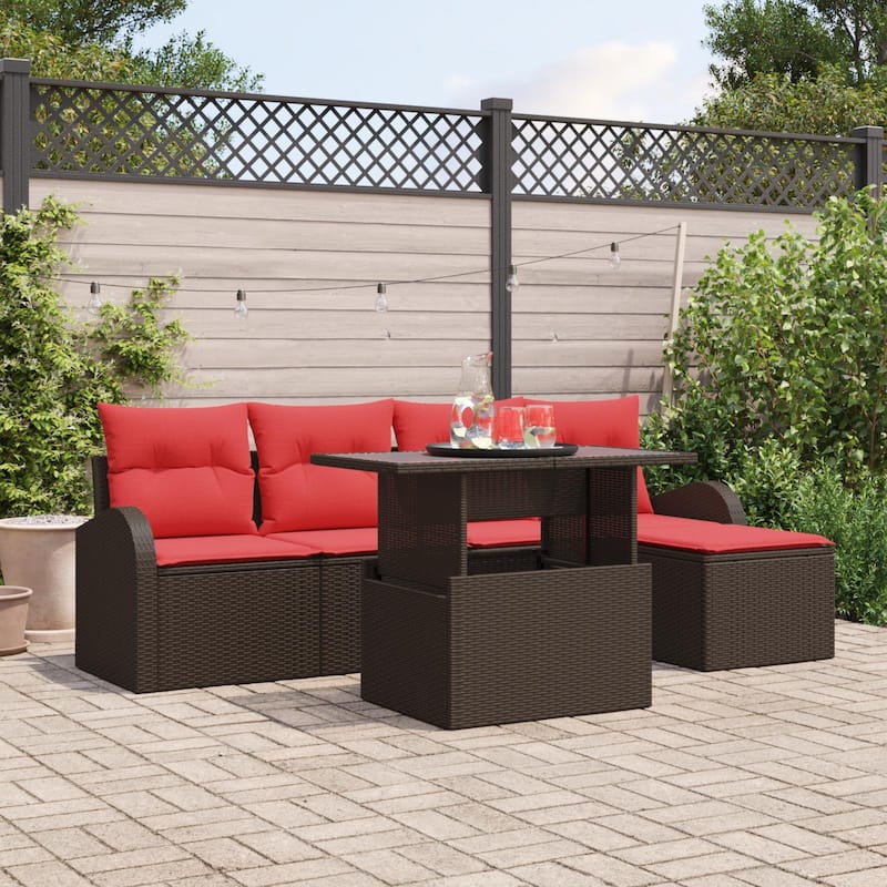 vidaXL 6 Garden Sofa Set with Cushions Black/Brown/Grey Poly Rattan - 90.9 x 24.4 x 27.2 - Brown