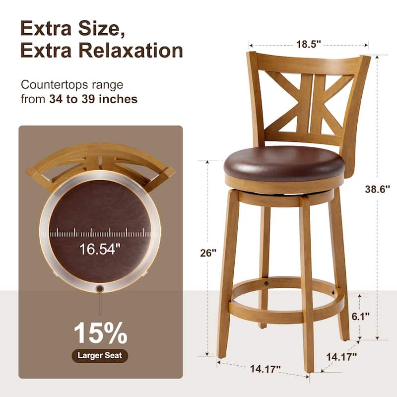 26"/30" Counter Height Bar Stools, Kitchen Wooden Swivel Bar Chairs with Back