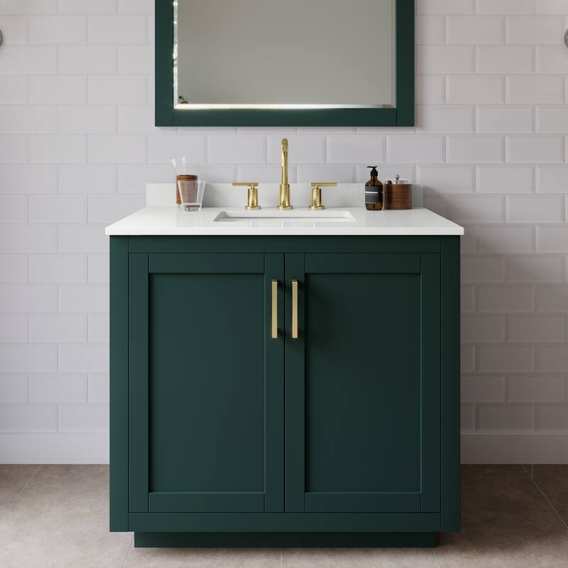 Wyndham Collection WCF292936S-QTZ-US3M34 Miranda 36" Free Standing - Green / White Quartz Top / Brushed Gold Hardware
