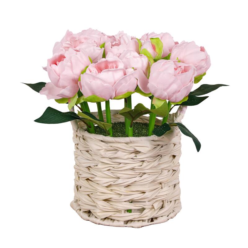 National Tree Company 10 in. Light Pink Peony Flower Bouquet in White Basket - 10 in
