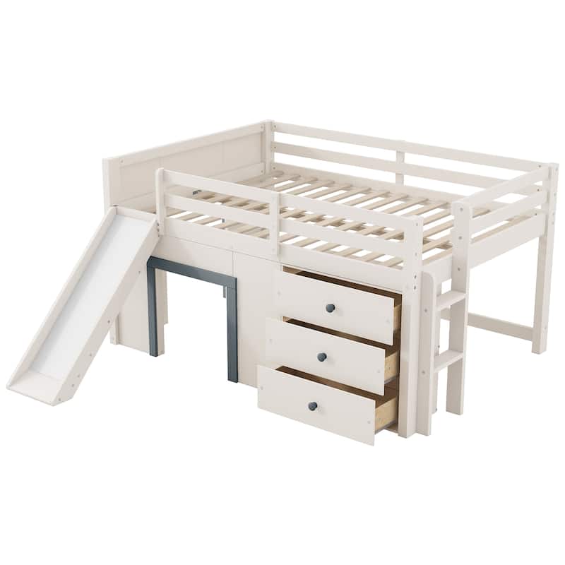 Full Size Low Loft Bed with Slide, 3 Storage Drawers and 2 Doors