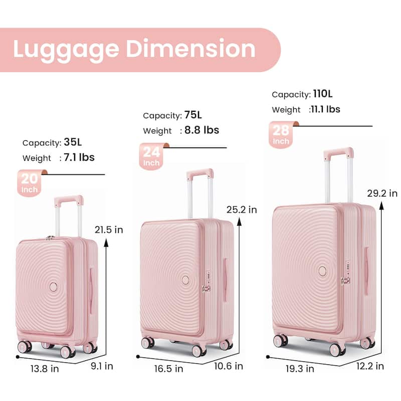 3 Piece PC Expandable Lightweight Carry On Luggage Sets with Front Pocket and Spinner Wheels & TSA Lock, for Men and Women