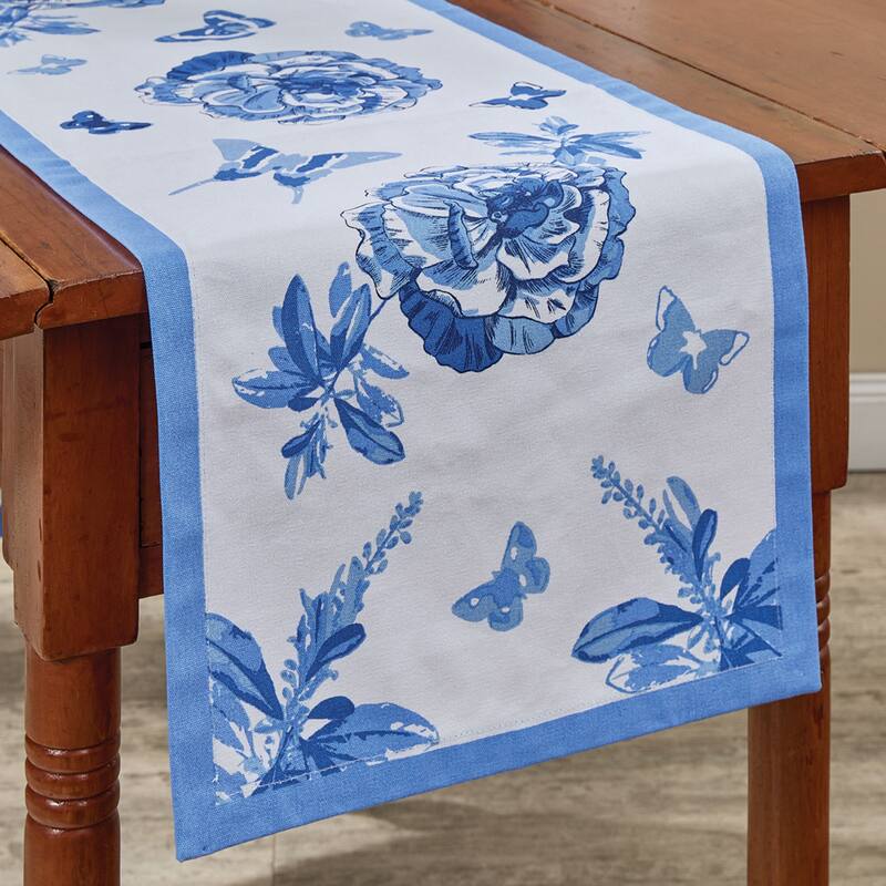 Patricia Heaton Home Blue Florals And Flitters Table Runner 14" X 72" - 72 x 14 x 0.1