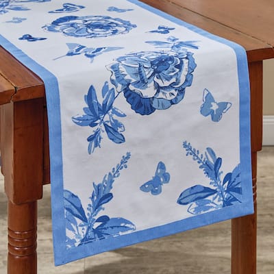 Patricia Heaton Home Blue Florals And Flitters Table Runner 14" X 72" - 72 x 14 x 0.1