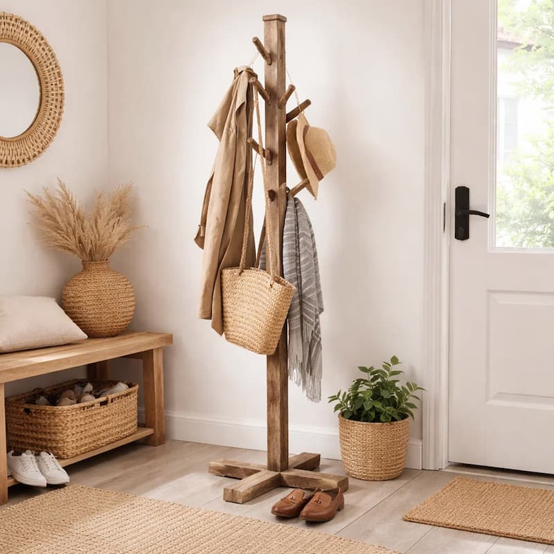 Rena Coat, Hat Tree Stand, 8 Wood Stems, 72 Inch Light Brown Mahogany