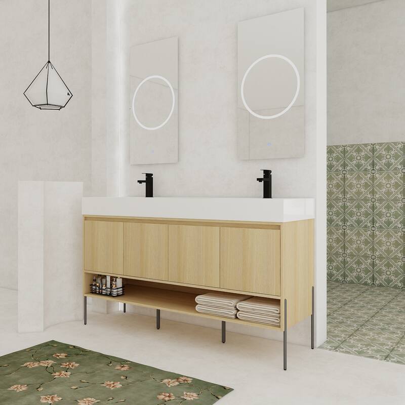 GDFStudio - Sydney Modern Freestanding Bathroom Vanity Cabinet with Double Resin Sink & 4-Soft Closing Doors - 60"
