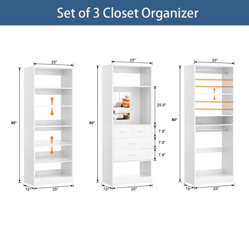 Cimly Set of 3 Freestanding Closet System with Drawers and Shoe Racks, 75'' Closet Organizer with Hanging Rods and Mirror