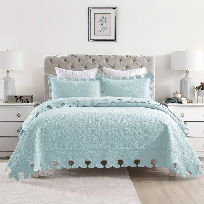 MarCielo 3PCS 100% Cotton Oversized Bedspread Set Coverlet Quilt Set TW - Queen - Mint Green