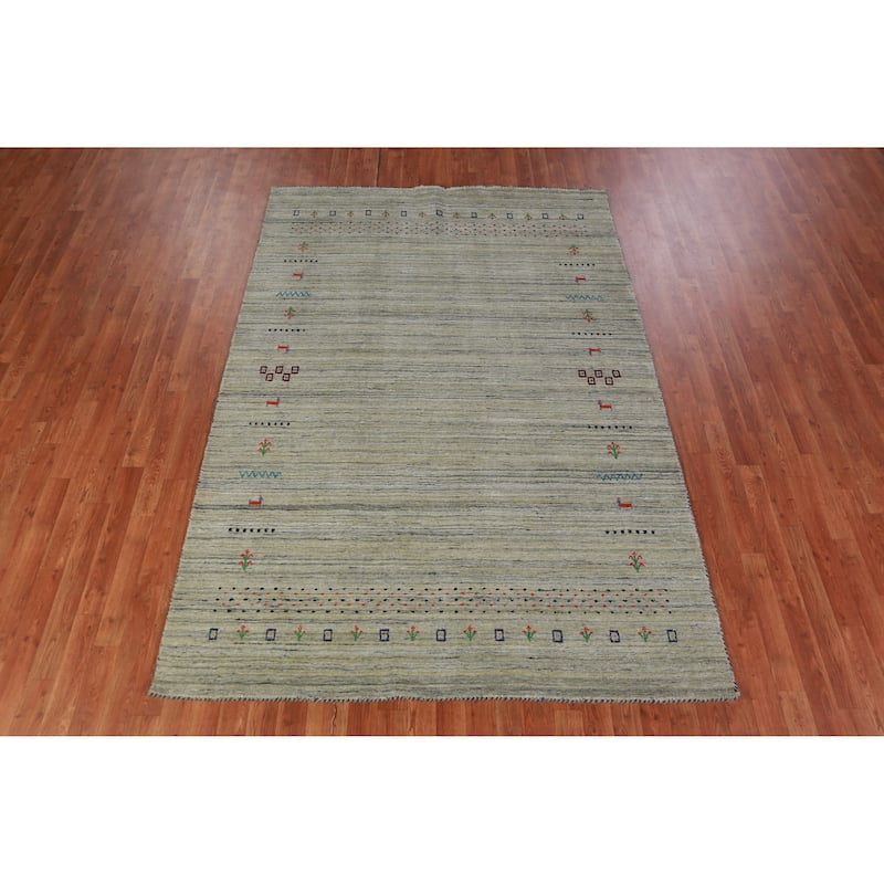 Hand Knotted Oriental 100% Wool Carpet Tribal Animal Pictorial Greys & Charcoal Gabbeh Area Rug - 8' 1'' X 5' 7''