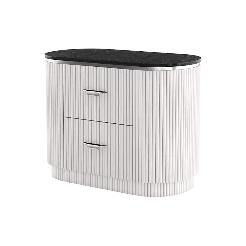 Alda Nightstand w 2 Drawers, Black Stone Top, Light Gray Wood, Silver
