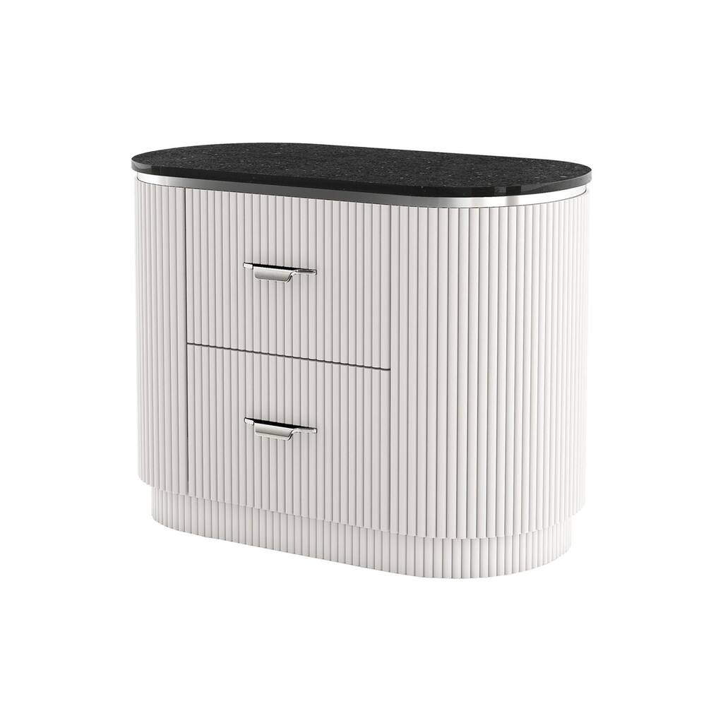 Alda Nightstand w 2 Drawers, Black Stone Top, Light Gray Wood, Silver