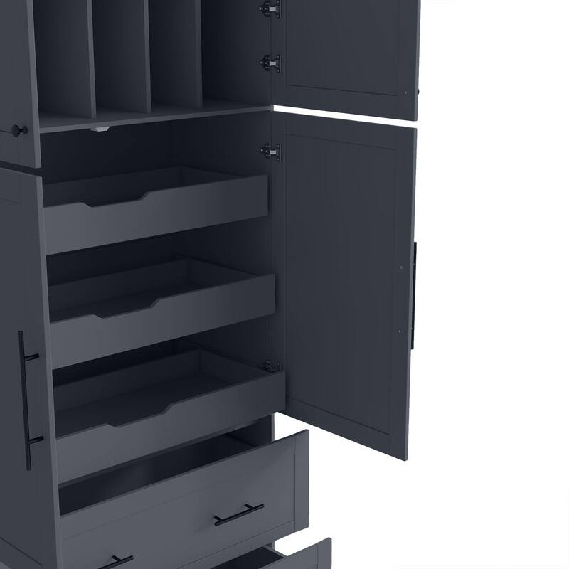 Farmhouse 72.6" Tall Kitchen Pantry with 4 Doors Storage Cabinet , 2 Drawers and Pull-out Trays for Cake Pan Storage Organizer